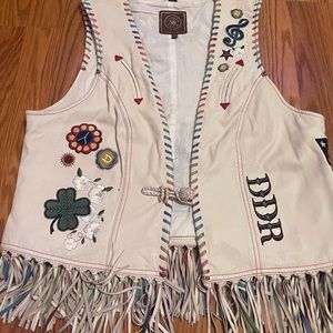 Double D Ranch Leather Vest, fringed, size large, very funky and colorful, 90’s